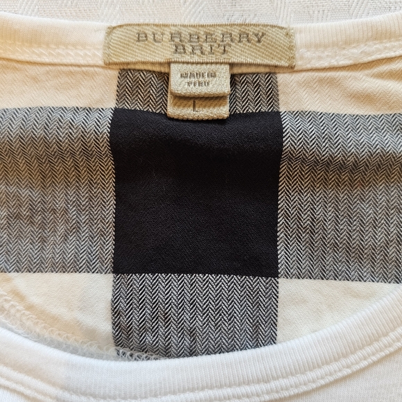 Burberry Brit Long Sleeve T-Shirt Cream Nova Check Elbow Patches Size Large - Picture 2 of 4